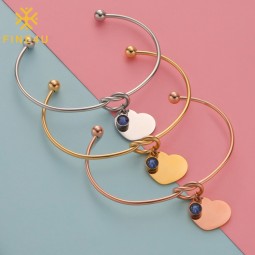 Stainless Steel Bangle Cuff Factory - Gold Plated Heart Charm Birthstone Open Birthday Jewelry