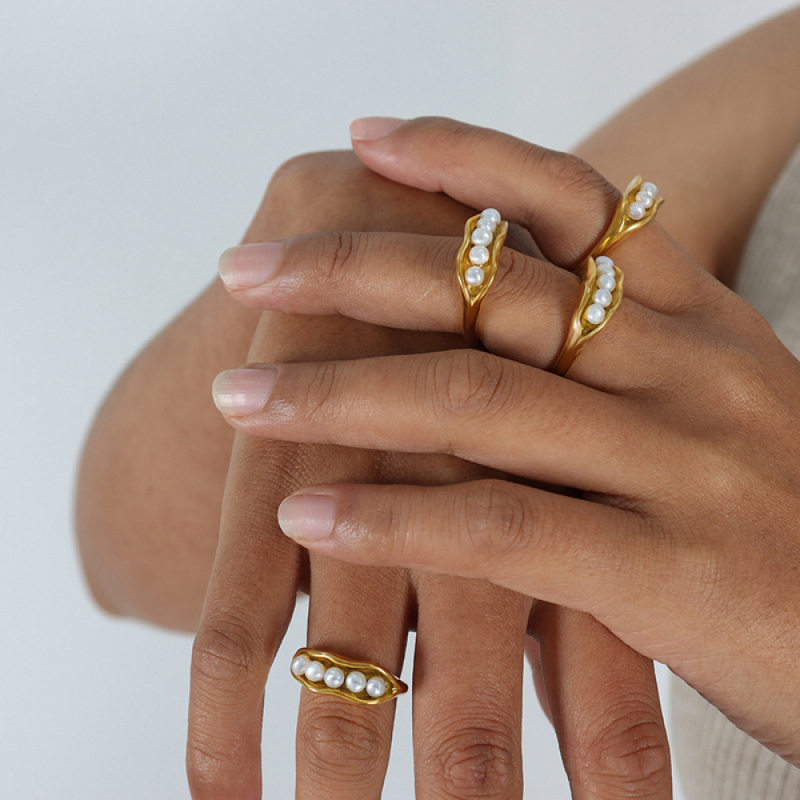 Stainless Steel Pearl Ring Supplier - Gold Plated Beaded Inlaid Freshwater Pearls Open Ring