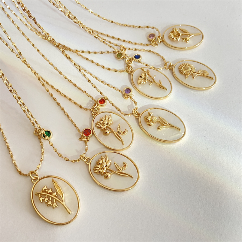 Brass Birthflower Necklace Factory - Gold Plated Floral Oval Birth Month Flower Pendant