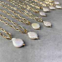 Stainless Steel Pearl Necklace Supplier - Gold Plated Paper Clip Chain Baroque Freshwater