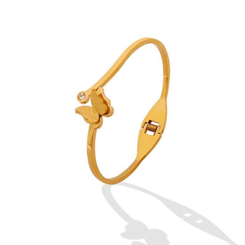 Stainless Steel Bangle Manufacturer - Frosted Cubic Zirconia Geometric Open Butterfly Gold