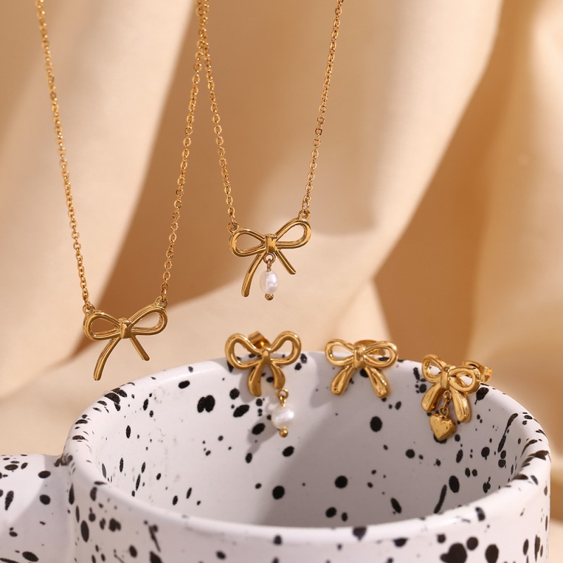 Stainless Steel Jewelry Set Factory - Gold Plated Pearl Heart Bow Butterfly Knot Charm Set