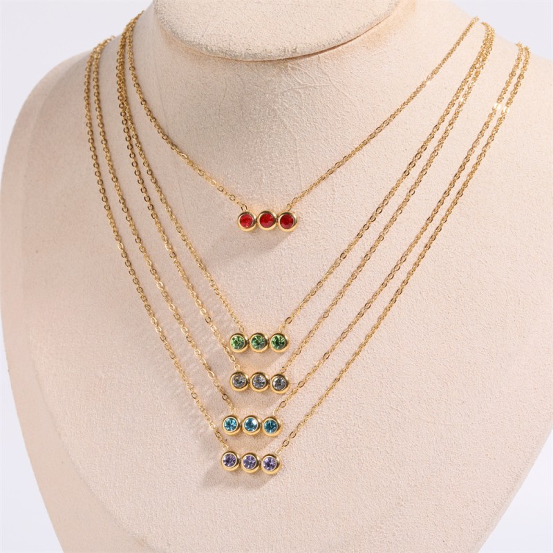 Stainless Steel Birthstone Necklace Supplier - Gold Plated Three Round Cubic Zircon Pendant