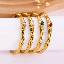 Stainless Steel Cuff Bracelet Supplier - Gold Plated Square Zircon Hammer Pattern Vintage