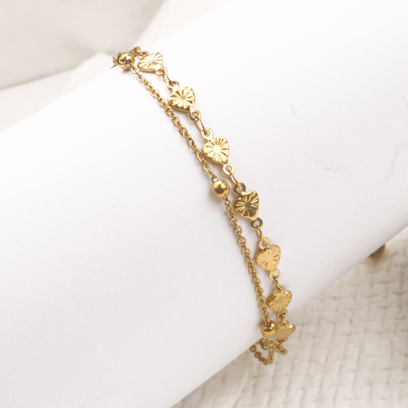 Stainless Steel Anklets Supplier - Gold Plated Embossed Heart Double Layer Minimalist Cute