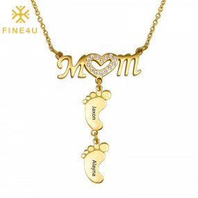 Stainless Steel Pendant Necklace Manufacturer - Engraved Mama Multiple Baby Feet Family Gift