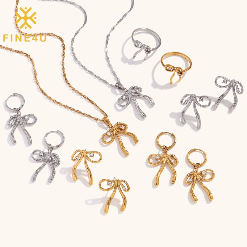 Stainless Steel Jewelry Set Supplier - Gold Plated Bow Knot Necklace Earring Water Proof