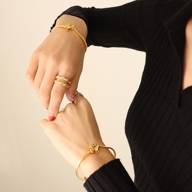 Stainless Steel Bangle Manufacturer - Frosted Cubic Zirconia Geometric Open Butterfly Gold