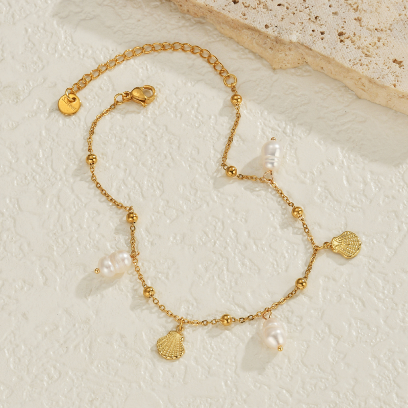 Stainless Steel Anklet Factory - Gold Plated Sea Shell Fresh Water Pearl Summer Women