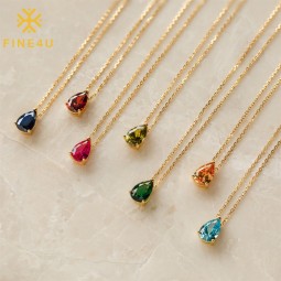 Stainless Steel Birthstone Necklace Supplier - Gold Plated Zircon Teardrop Pendant
