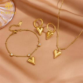 Stainless Steel Jewelry Set Supplier - Gold Plated Zircon Heart Bracelet Anklet Necklace Earrings