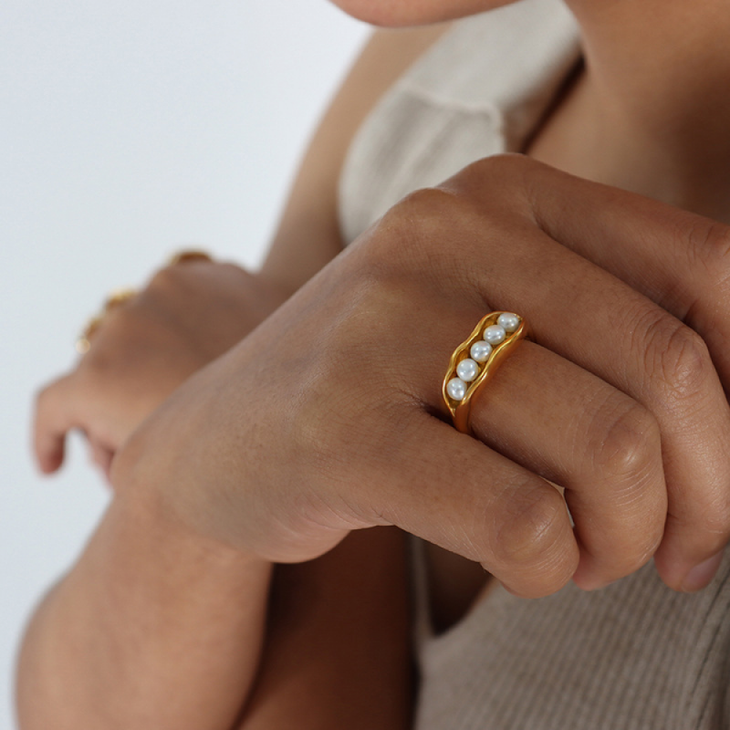 Stainless Steel Pearl Ring Supplier - Gold Plated Beaded Inlaid Freshwater Pearls Open Ring