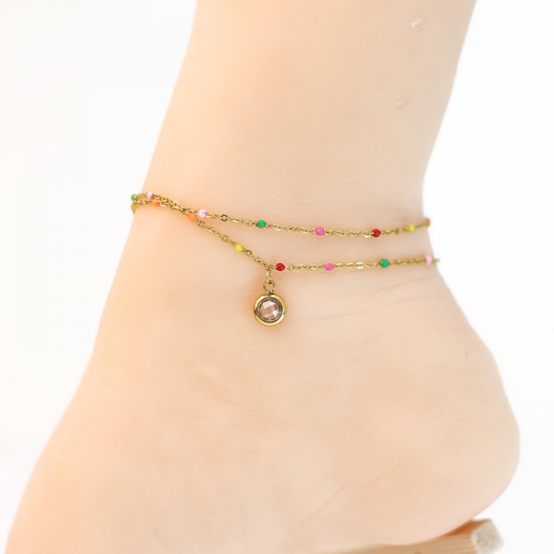 Stainless Steel Anklets Manufacturer - Layered Cubic Zirconia Drop Pendant Rice Beaded Boho
