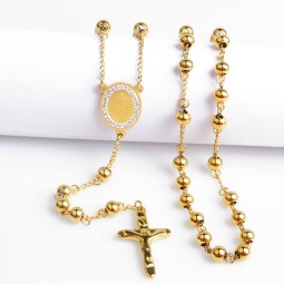 Stainless Steel Rosary Necklace Supplier - Gold Plated Virgin Mary Cross Religious Jewelry