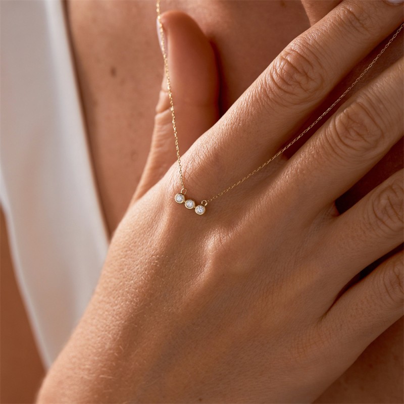 Stainless Steel Birthstone Necklace Supplier - Gold Plated Three Round Cubic Zircon Pendant