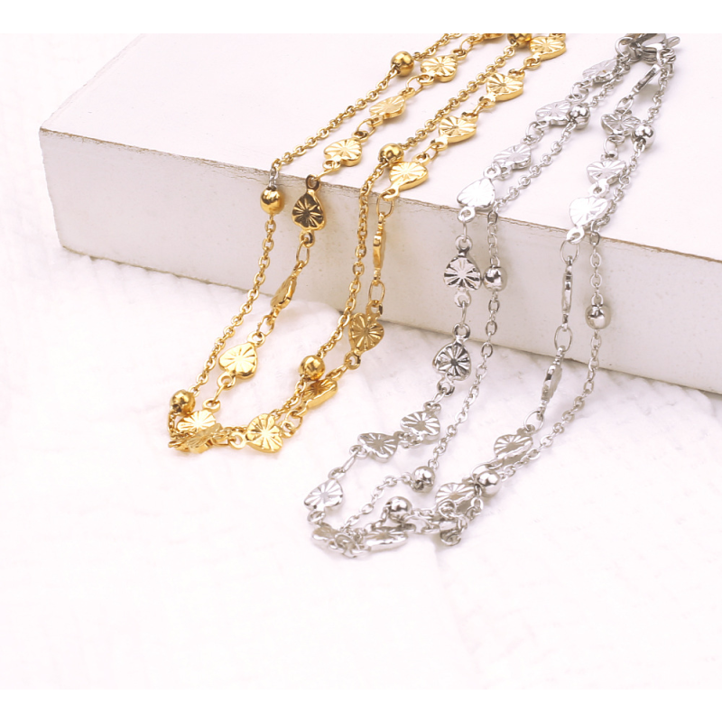 Stainless Steel Anklets Supplier - Gold Plated Embossed Heart Double Layer Minimalist Cute