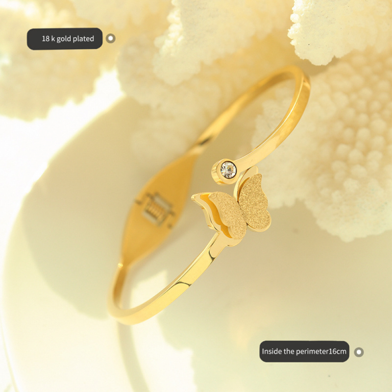Stainless Steel Bangle Manufacturer - Frosted Cubic Zirconia Geometric Open Butterfly Gold