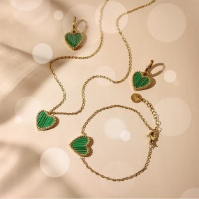 Green Heart Set Factory - Fashion 18k Gold Plated Green Heart Necklace Earrings Bracelet Set Exquisite Stainless Steel