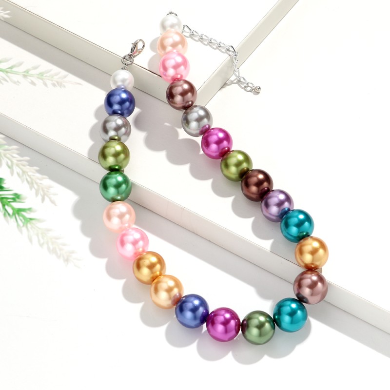 Pearl Necklace Supplier - Fashionable Colorful Pearl Necklace Bohemian Holiday Style 18mm Ball Shiny