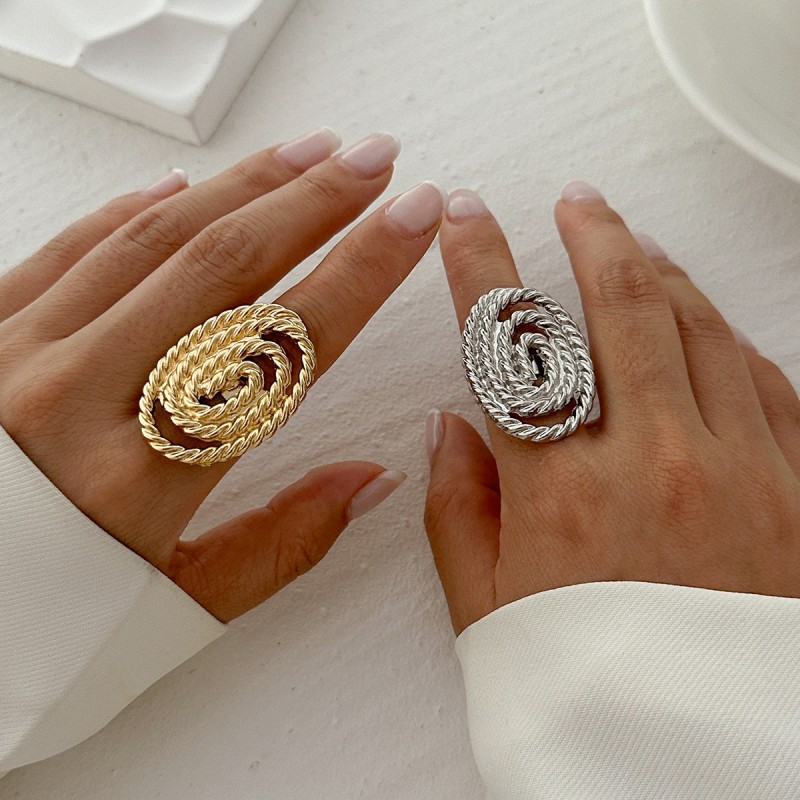 Flower Ring Manufacturer - 18K Gold Adjustable Three-dimensional Flower Ring with Oval Spiral Irregular Geometric Design