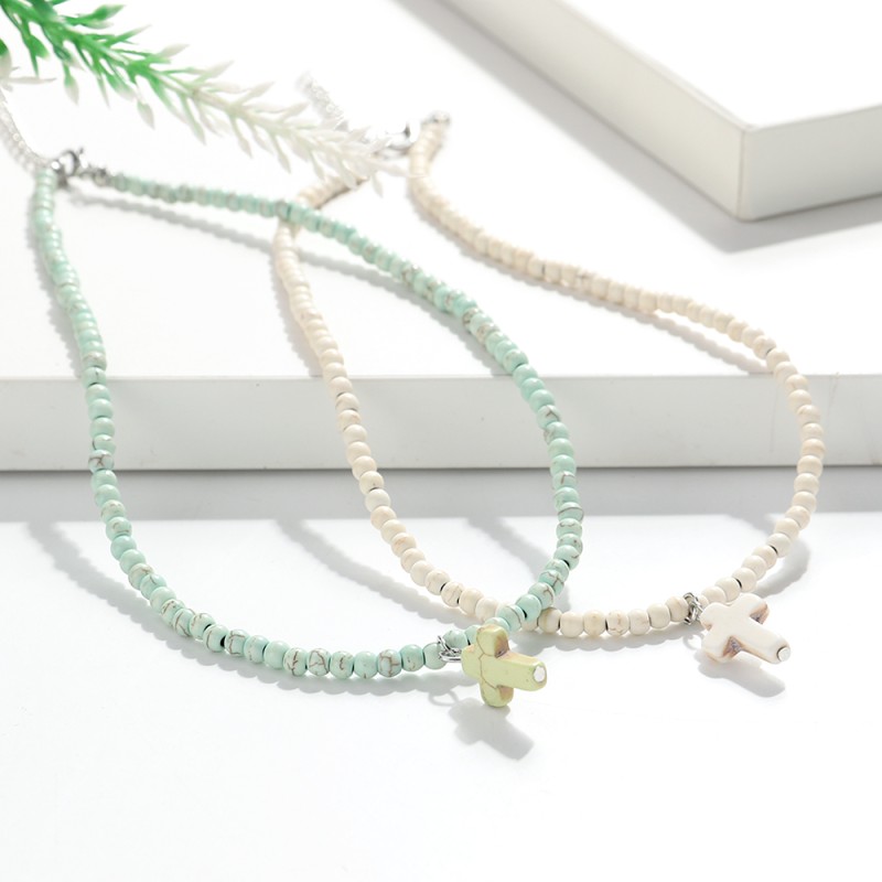 Beaded Necklace Factory - Ins Simple Colorful Beaded Necklace Jesus Cross Pendant Natural Stone Turquoise