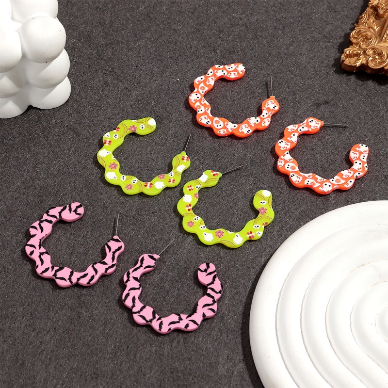Cartoon Earrings Supplier - Exaggerated Personality Halloween Cartoon Print Earrings Colorful Bat Ghost