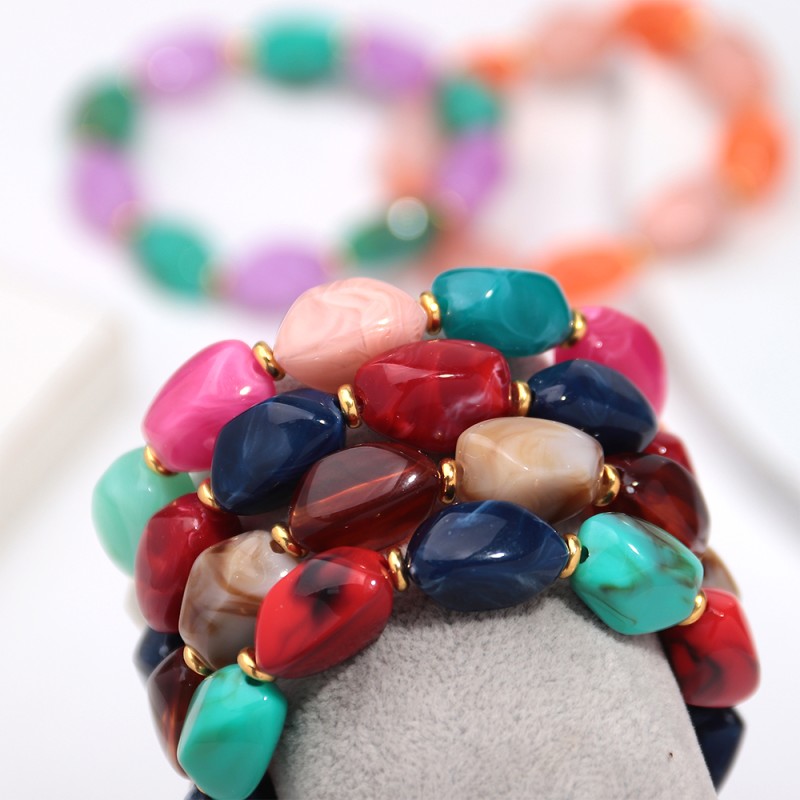 Artificial Bracelet Factory - Factory Price Artificial Plastic Stone Elastic Bracelet Colorful Irregular Beads Gold