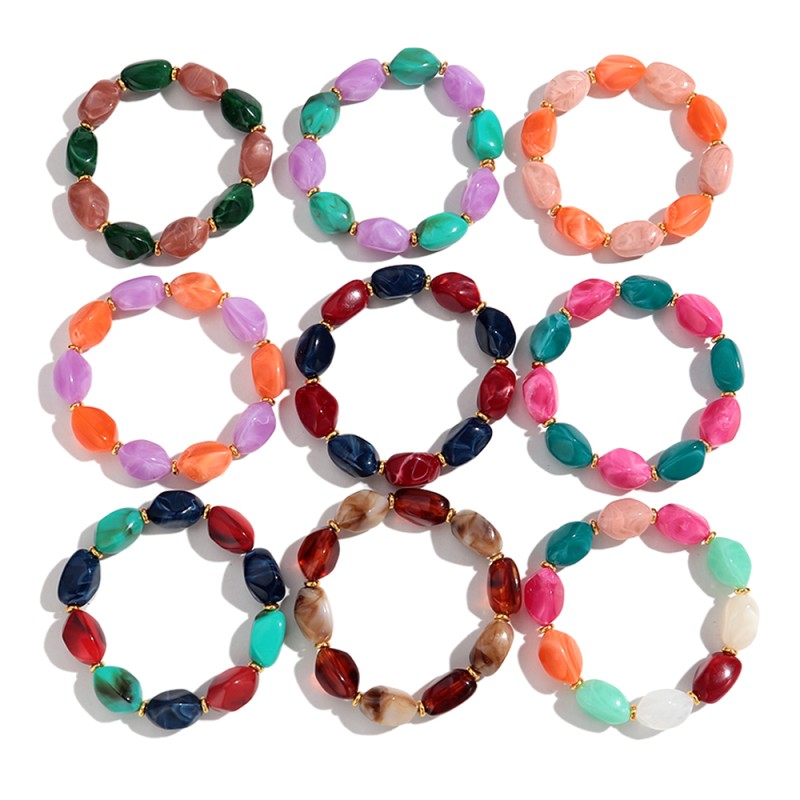Artificial Bracelet Factory - Factory Price Artificial Plastic Stone Elastic Bracelet Colorful Irregular Beads Gold