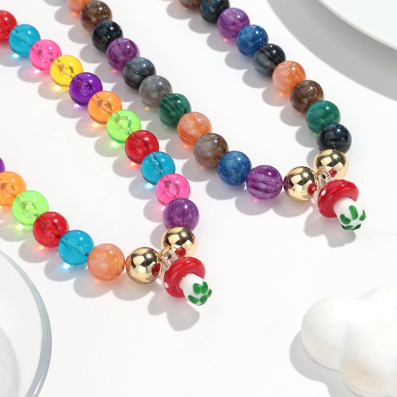Glitter Necklace Supplier - Cute New Colorful Transparent Glitter Beaded Necklace 16mm Round Ball Mushroom