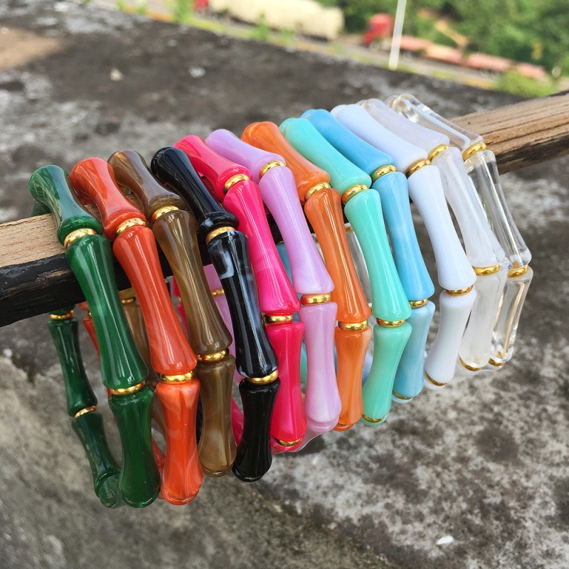 Resin Bracelet Supplier - Fashion Summer Marble Resin Colorful Student Folded Wear Elastic Acrylic Set