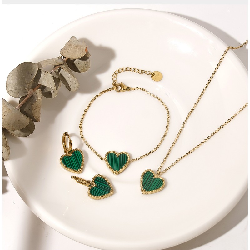 Green Heart Set Factory - Fashion 18k Gold Plated Green Heart Necklace Earrings Bracelet Set Exquisite Stainless Steel