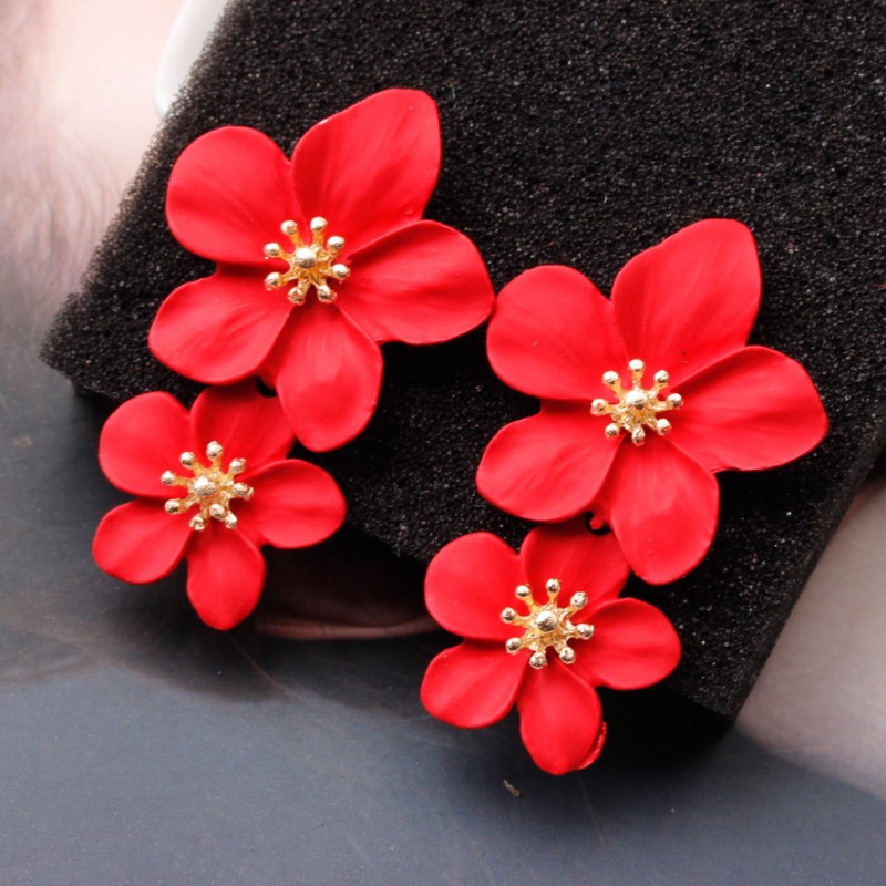 Flower Earrings Manufacturer - European American Fashion Double Flower-Shaped Multi-Color Alloy Earrings
