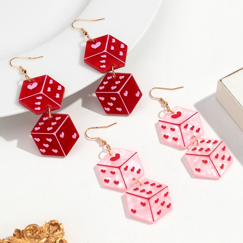 Pink Earrings Factory - Romantic Pink Earrings Cute Heart Geometric Hexagon Dice Pearlescent Acrylic