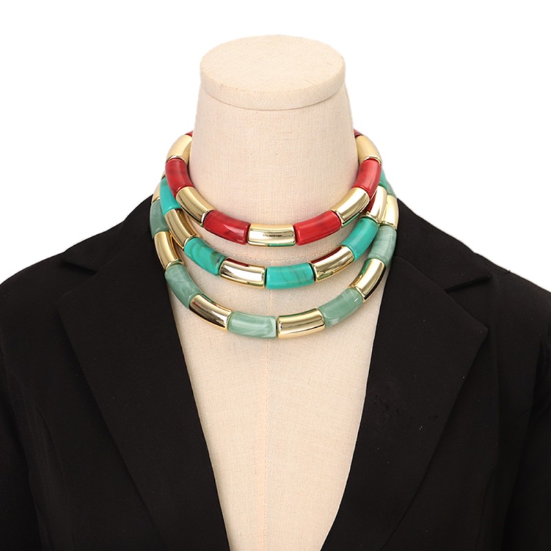 Marble Necklace Manufacturer - Casual Colorful Marble Beads Gold Plated Tube Beads Adjustable Leather Cord