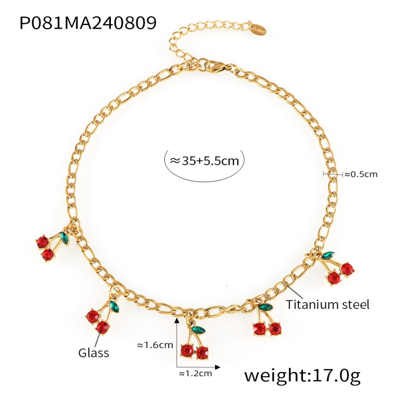 Cherry Set Supplier - A Fashionable Stainless Steel Gold-plated Necklace Bracelet Cherry-decorated Jewelry Set for Women