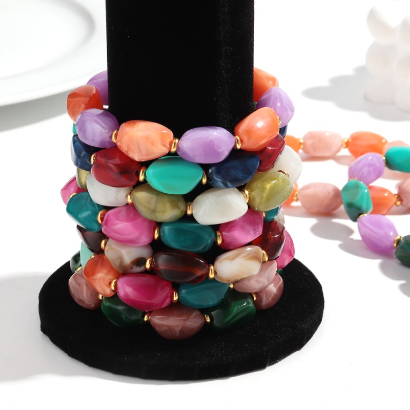Artificial Bracelet Factory - Factory Price Artificial Plastic Stone Elastic Bracelet Colorful Irregular Beads Gold