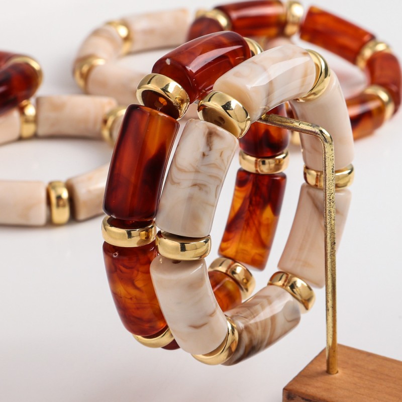 Chunky Bracelet Factory - Vintage Autumn Winter Gold Plated Resin Marble Amber Bamboo Acrylic Elastic