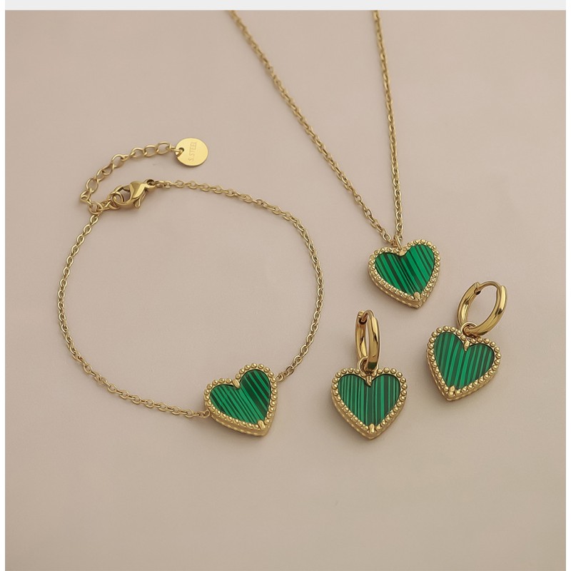 Green Heart Set Factory - Fashion 18k Gold Plated Green Heart Necklace Earrings Bracelet Set Exquisite Stainless Steel