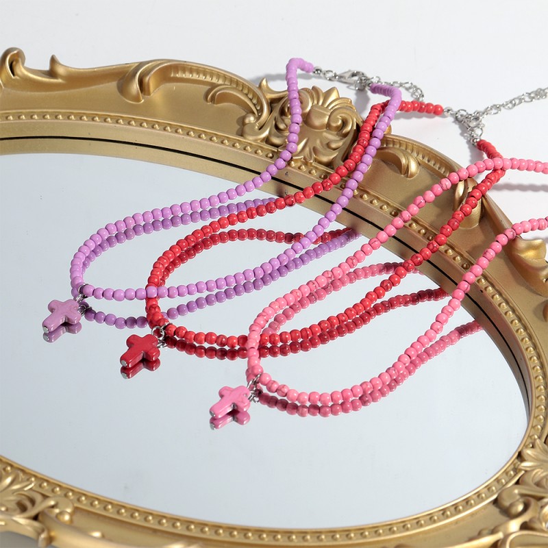 Beaded Necklace Factory - Ins Simple Colorful Beaded Necklace Jesus Cross Pendant Natural Stone Turquoise