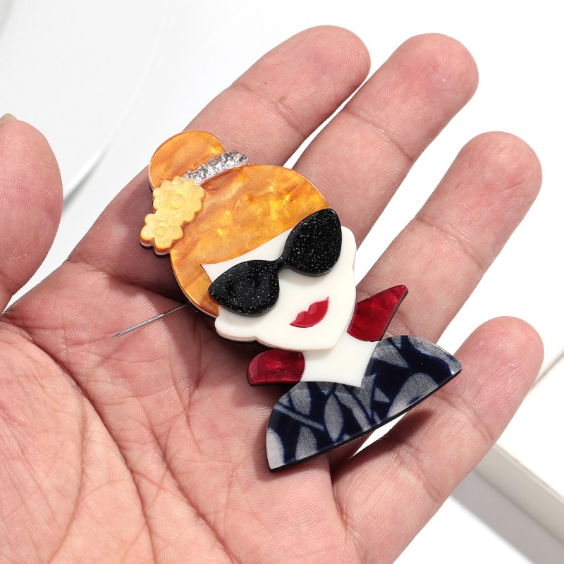 Vintage Brooch Manufacturer - Vintage Autumn Winter Coat Accessories Pin with Sunglasses Gold Hair Women Badge