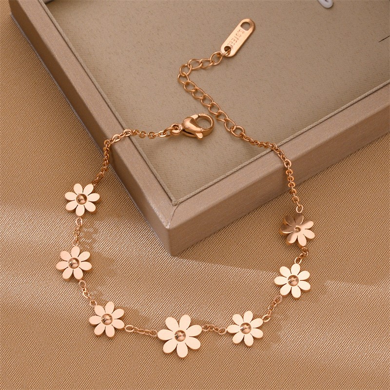 Daisy Set Supplier - Hot Selling Waterproof Stainless Steel Daisy Flower Bracelet Earrings Anklet 18k Gold Plated