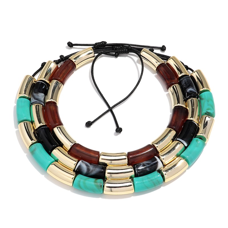 Marble Necklace Manufacturer - Casual Colorful Marble Beads Gold Plated Tube Beads Adjustable Leather Cord