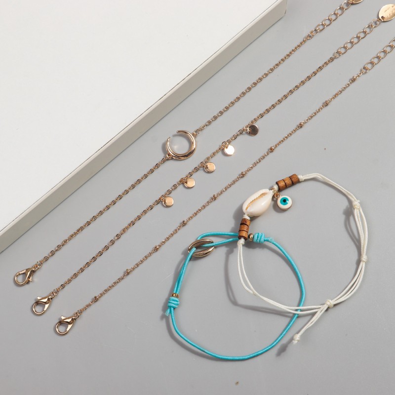 Hawaiian Set Supplier - Popular Hawaiian 5pcs/set Holiday Jewelry Shell Anklet Devil's Eye Pendant Moon Alloy Disc Sexy