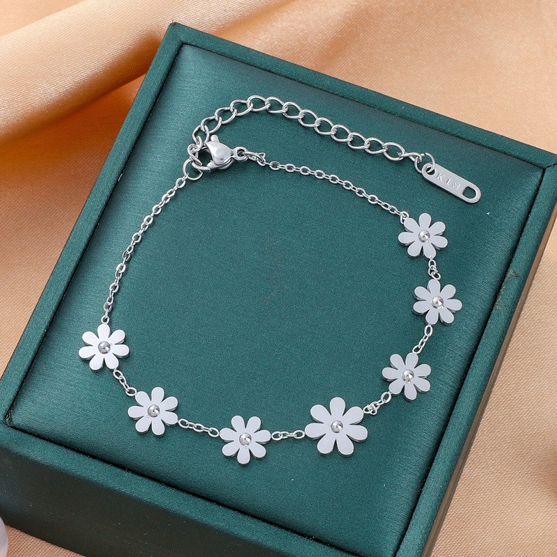 Daisy Set Supplier - Hot Selling Waterproof Stainless Steel Daisy Flower Bracelet Earrings Anklet 18k Gold Plated