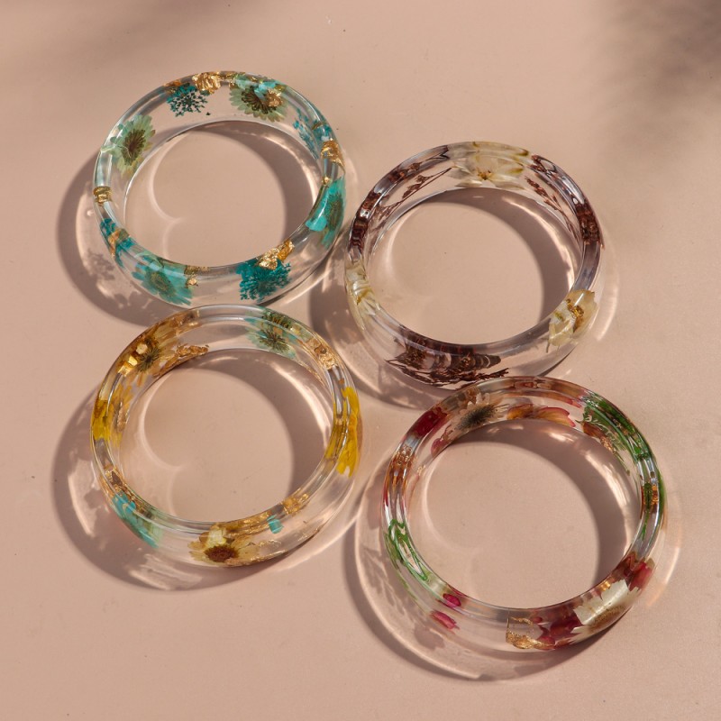 Acrylic Bangle Manufacturer - 2025 Popular Leisure Resin Bohemian Colorful Dry Flower Transparent Wide