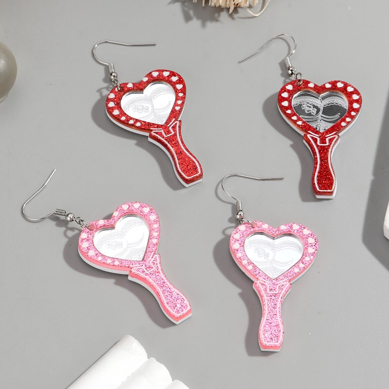 Holiday Earrings Supplier - Wholesale Creative Holiday Jewelry Colorful Glitter Pink Red Heart Mirror