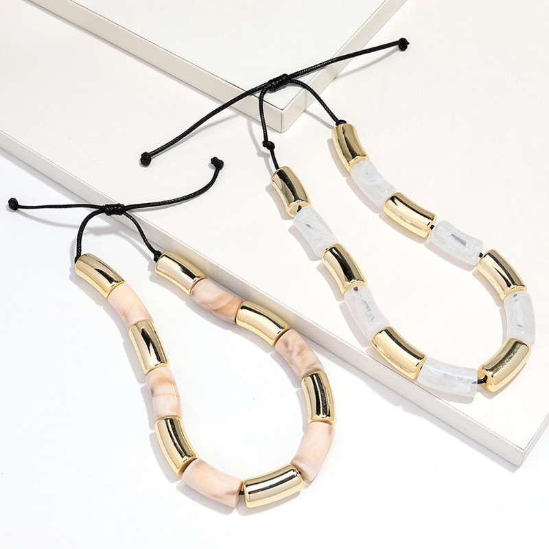Marble Necklace Manufacturer - Casual Colorful Marble Beads Gold Plated Tube Beads Adjustable Leather Cord