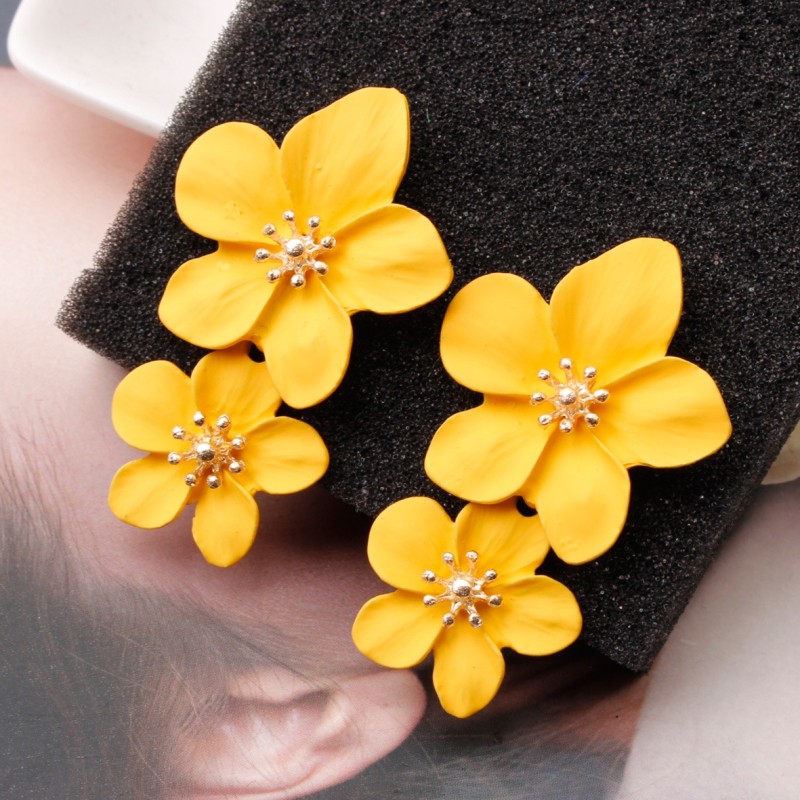 Flower Earrings Manufacturer - European American Fashion Double Flower-Shaped Multi-Color Alloy Earrings