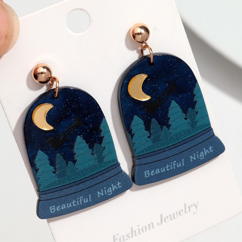 Designer Earrings Factory - Creative Designer Painting Beautiful Night Moon Forest Castle Stars Acrylic