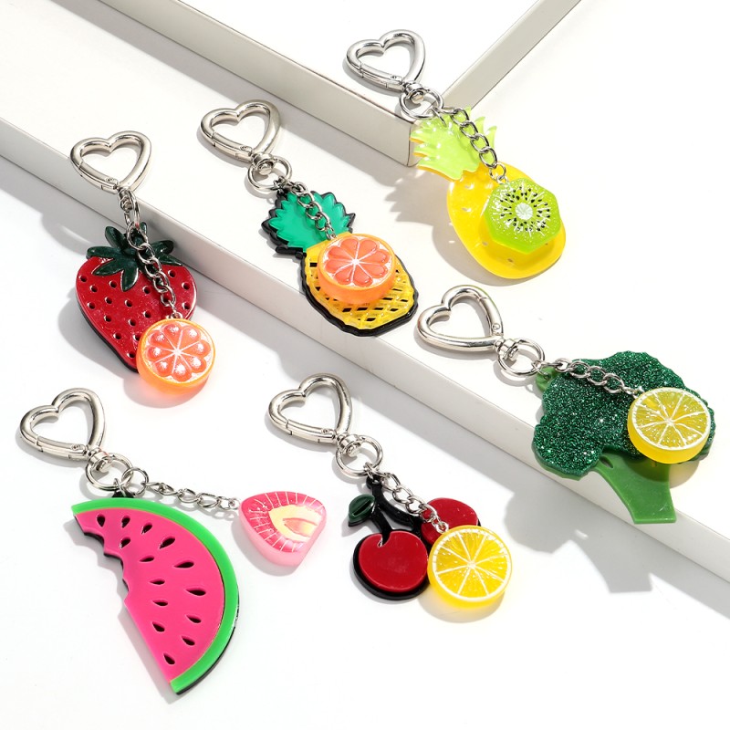 Fruit Keyring Supplier - Cute Cartoon Fruit Pendant Keyring Fun Strawberry Pineapple Watermelon Orange Cherry